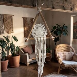 Vintage Handmade Lg 48x23" Macrame Dream Catcher On Driftwood Hanging Woven Boho